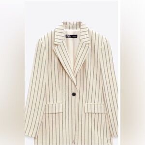 New Zara Cream Blazer with Navy Pinstripes Cotton Linen Small
